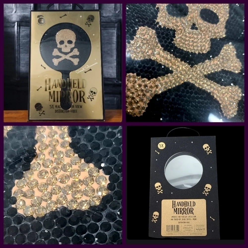 Glam Rhinestone Skull & Crossbone 5x Magnification Hand Held Mirror Halloween